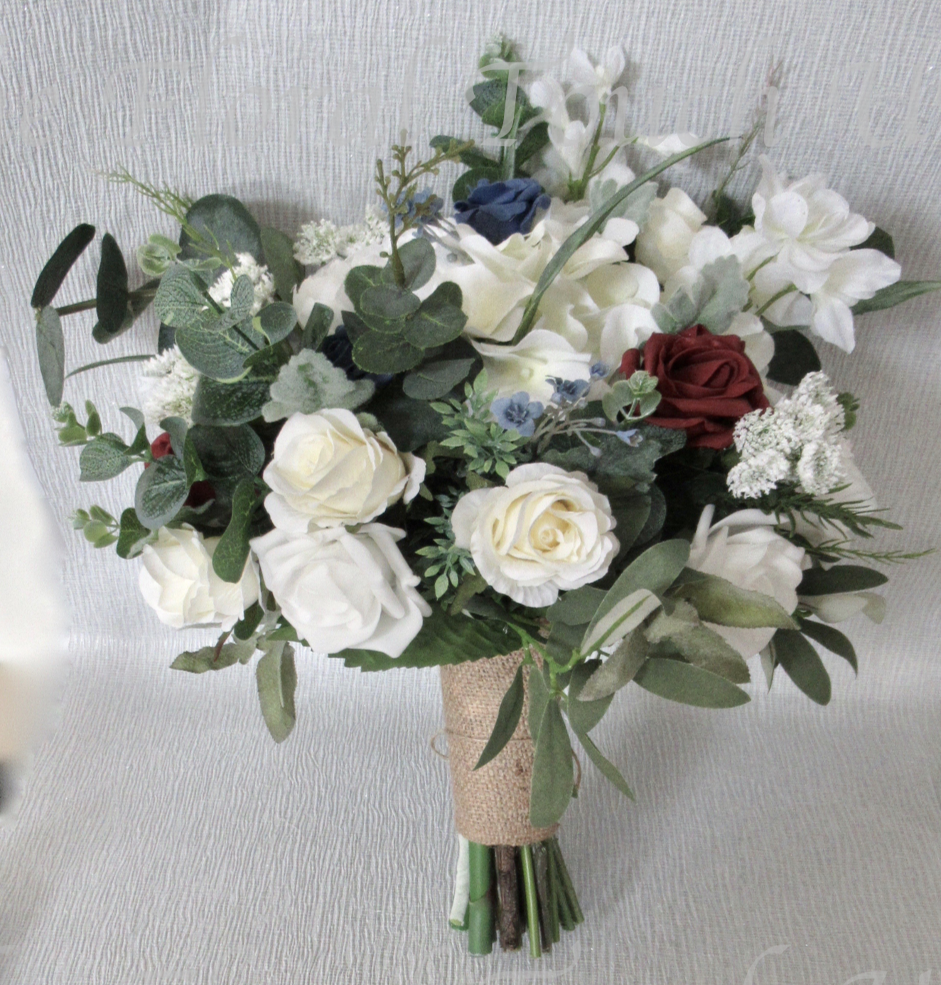 burgundy & dusty blue bridal bouquet, silk wedding bouquet Peony, Rose & Eucalyptus Bridal Bouquet